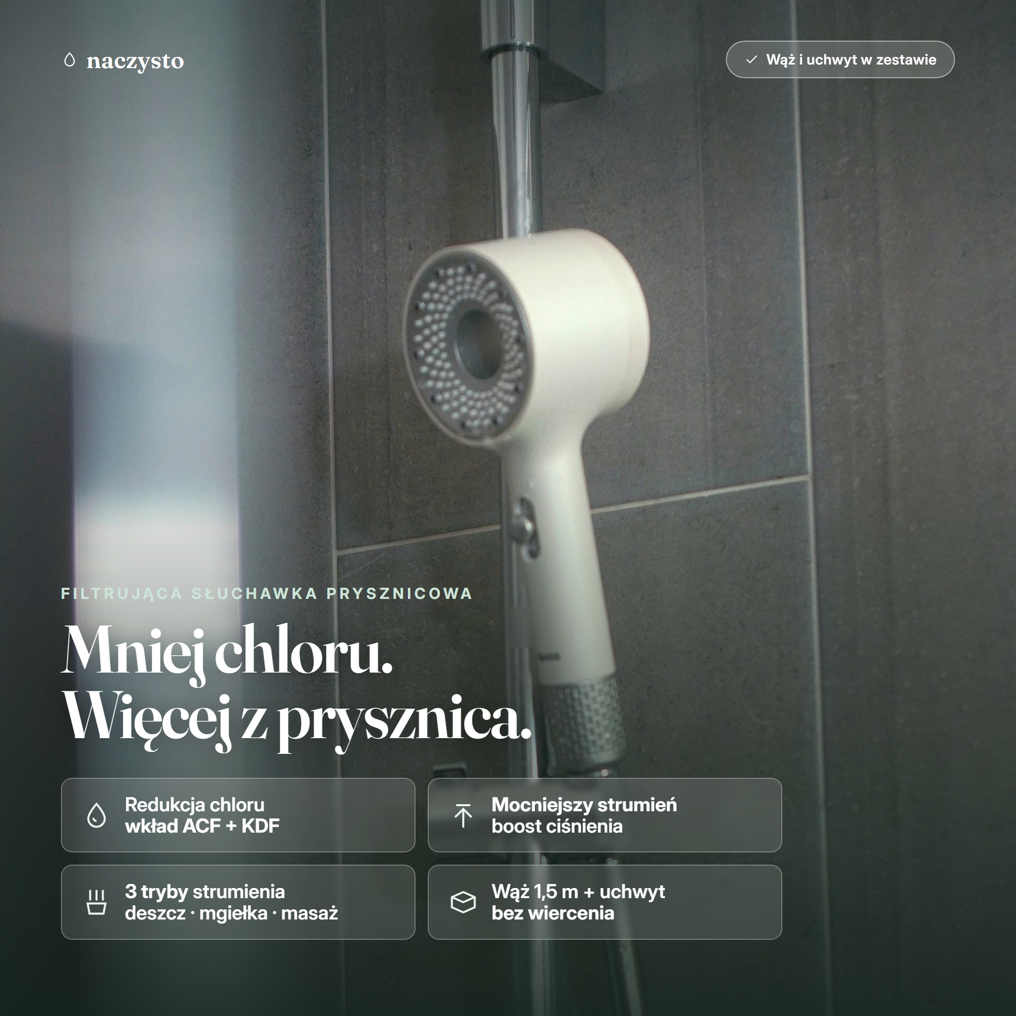 Filtrująca słuchawka prysznicowa NaCzysto zamontowana w łazience