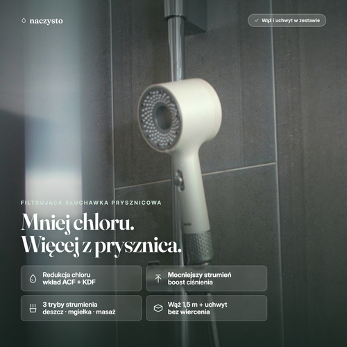 Filtrująca słuchawka prysznicowa NaCzysto zamontowana w łazience