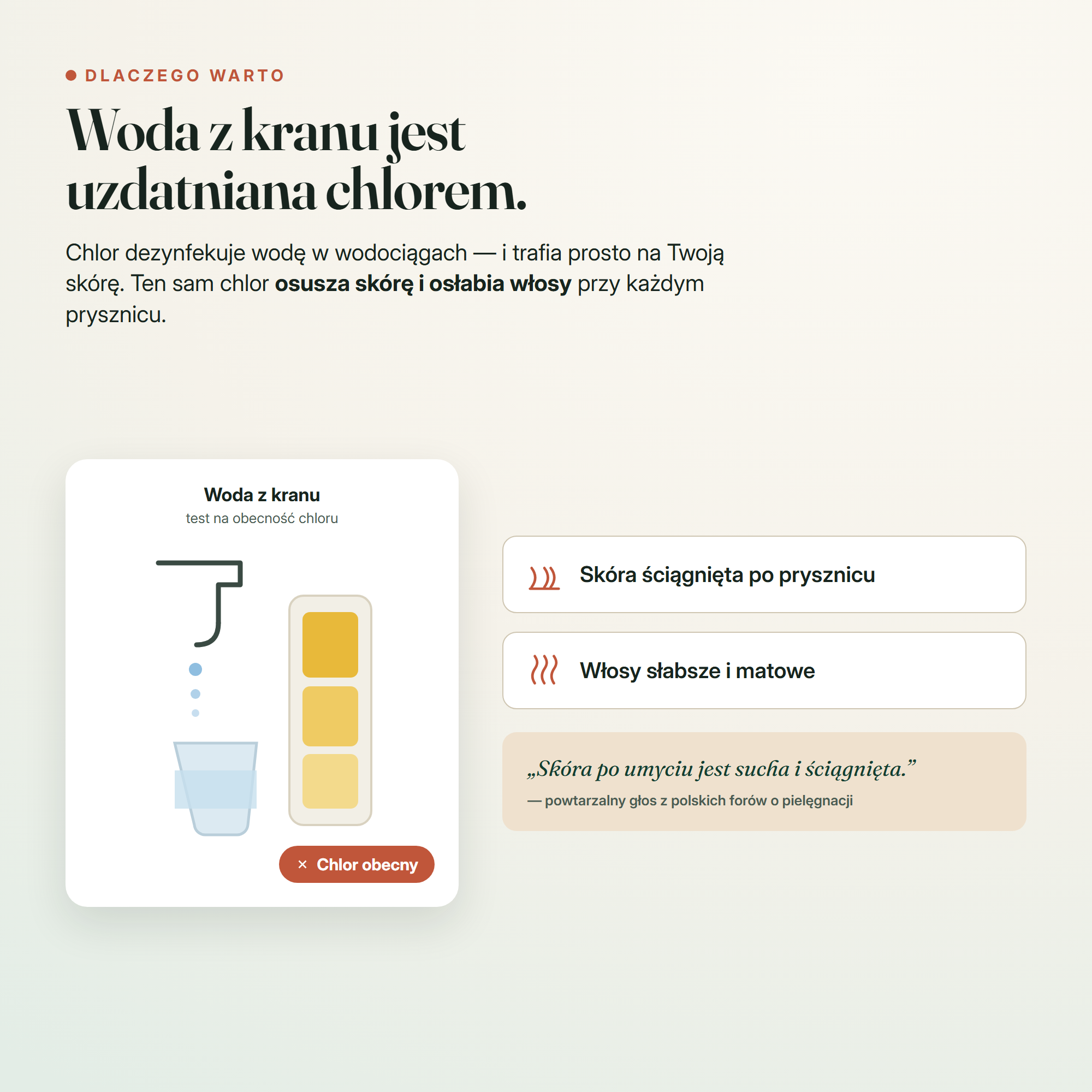 Woda z kranu jest uzdatniana chlorem — test na obecność chloru